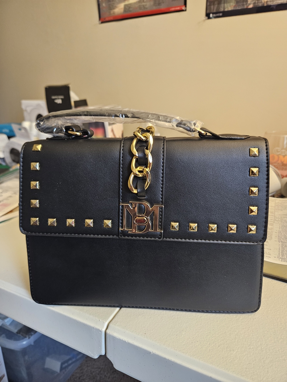 Badgley Mischka Black Stud-Accent Top Handle Bag with Gold Chain Detail
